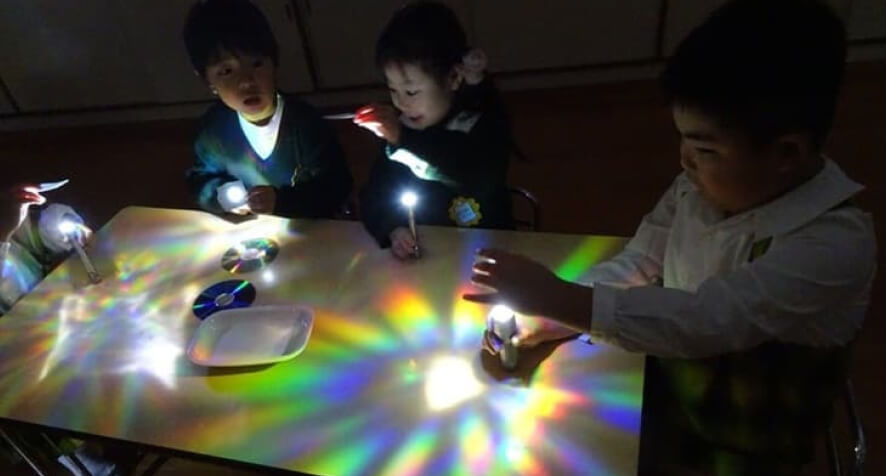暗い場所で懐中電灯の光やCDなどを使用して遊ぶ子どもたち