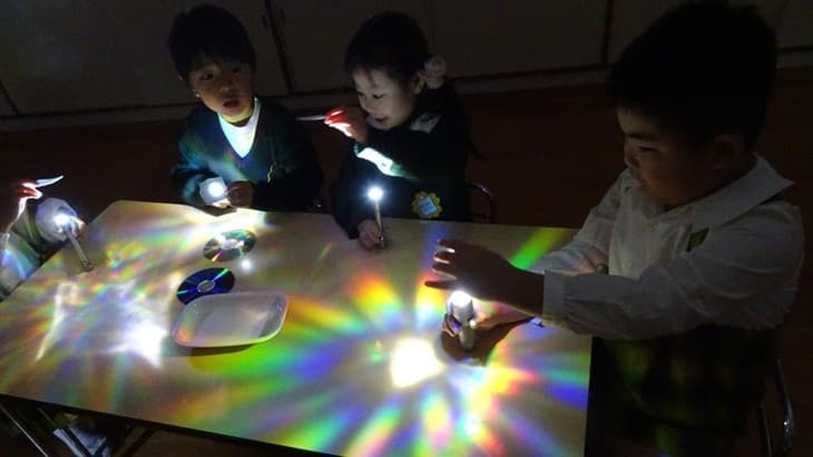 暗い場所で懐中電灯の光やCDなどを使用して遊ぶ子どもたち