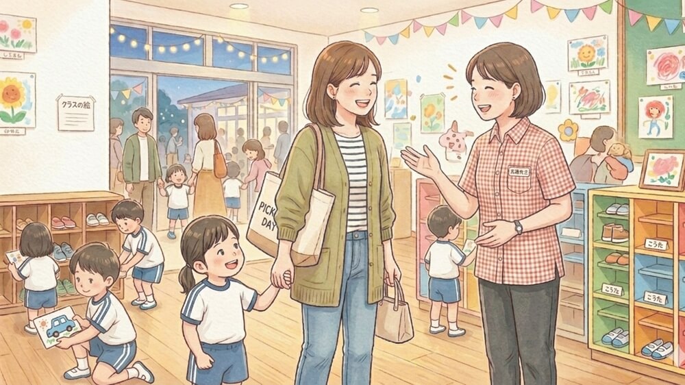 仕事帰りの保護者と笑顔の園児・先生