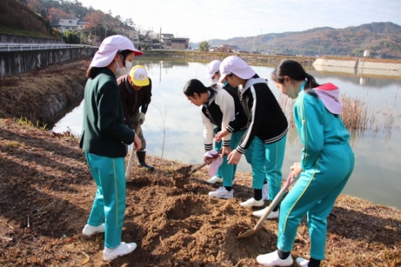 創意自然　地域の池の周りに植樹をしました