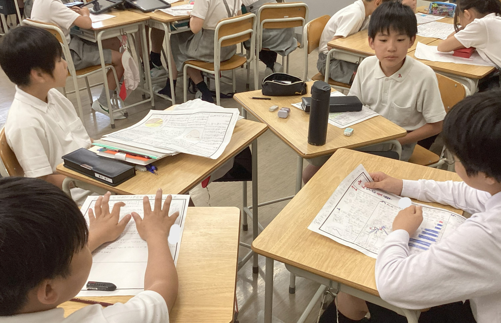 富の分配について考え、作成した新聞をクラス内の友だちと発表し合いました。